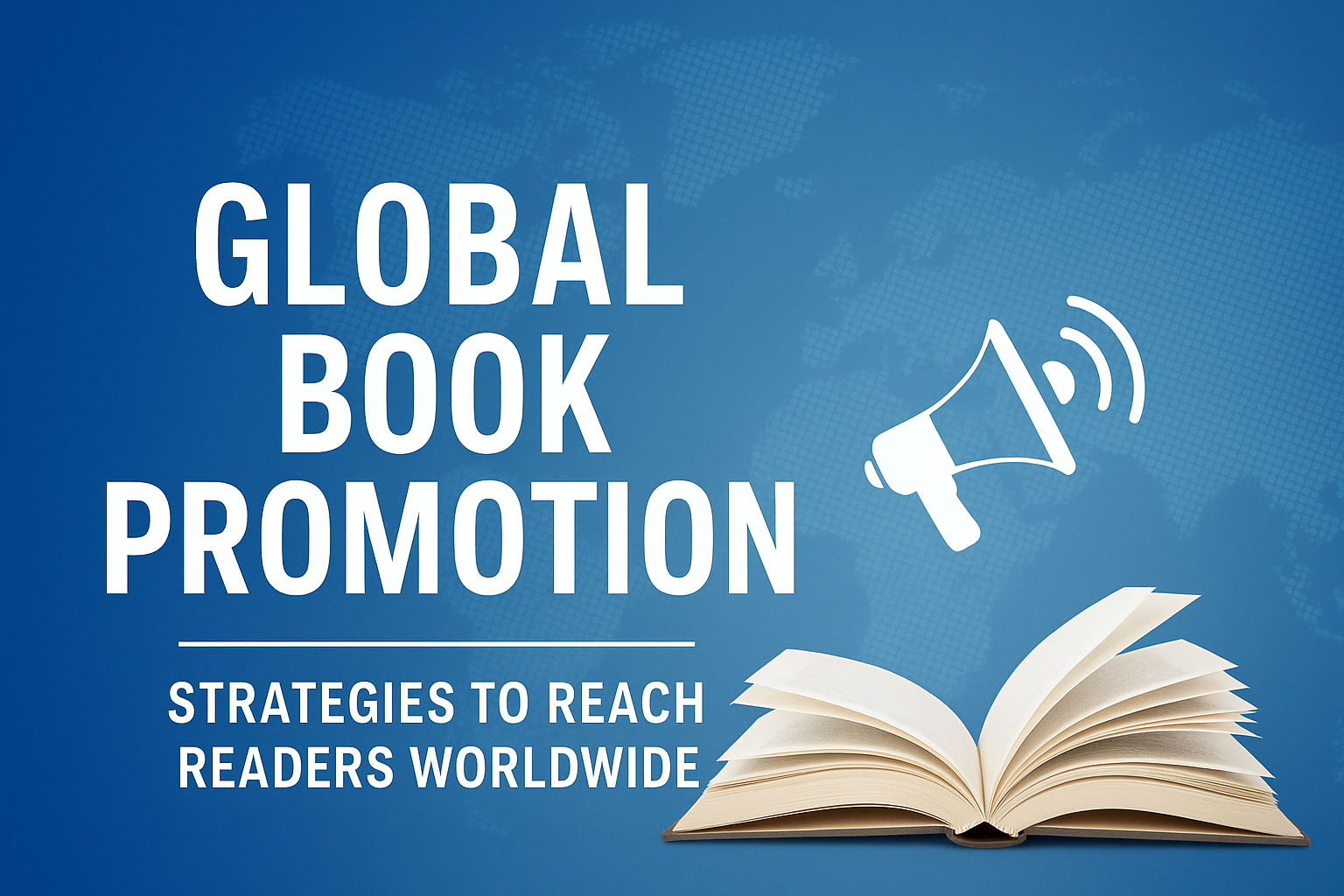 Global book promotion and distribution with a world map, digital marketing icons, and books reaching international readers.